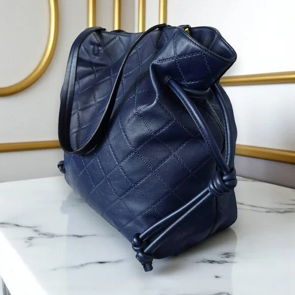 Tory Burch Georgia Quilted Leather Tote Navy Blue Slouchy Golden Hardware - Picture 12 of 17